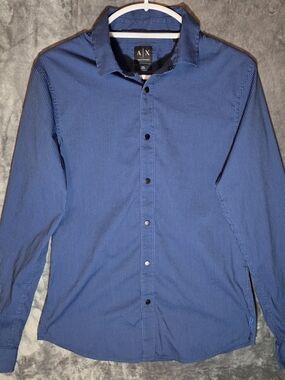 A/X Armani Exchange Men's Blue Pinstripe Dress Shirt - Navy/Black Trim